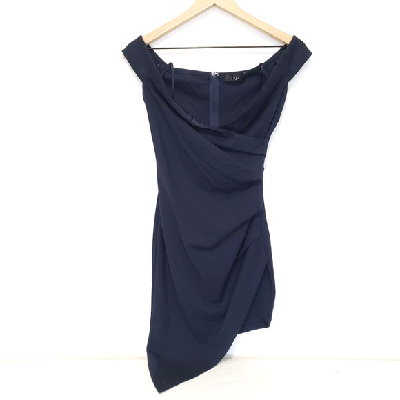 Trac Women SIZE S Navy Blue Off Shoulder Mini Dress Asymmetrical Hem Cocktail - Picture 11 of 13